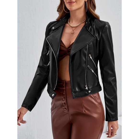 Minimalist Zip Up vegan leather Moto Jacket motorcycle burgundy dark red - Picture 3 of 4
